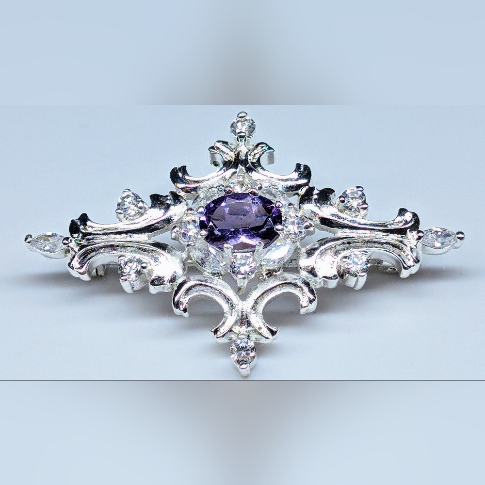 Sterling Silver Amethyst Crystal Bar Brooch